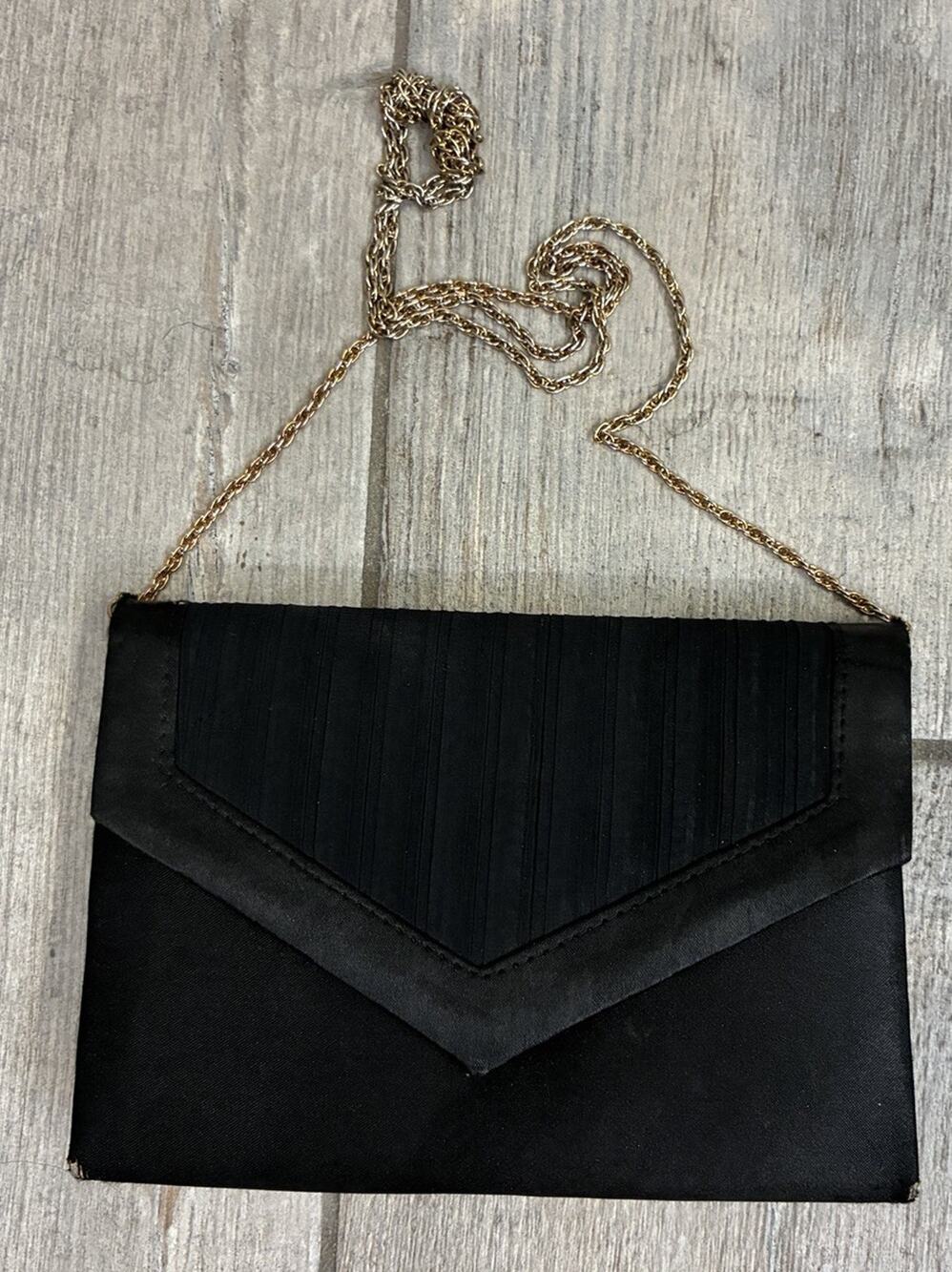 Vintage Carla Marchi Black Satin Envelope Clutch Formal Evening Bag Chain Strap